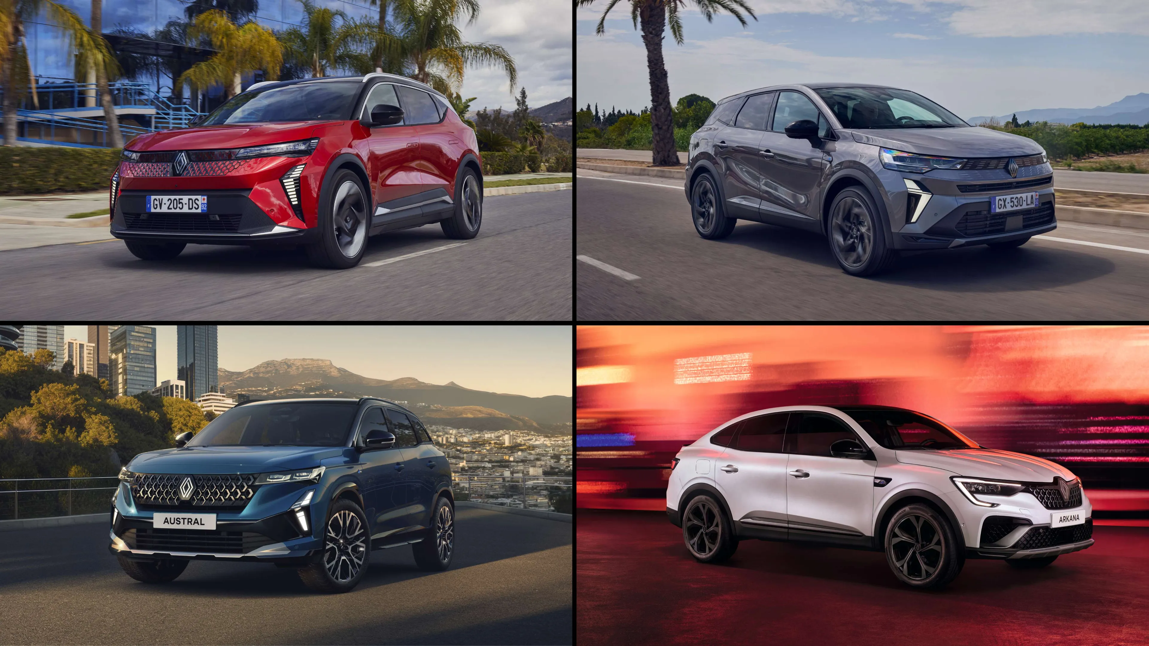 Mosaique des voitures scenic e-tech, megane e-tech, Australe, Arkana